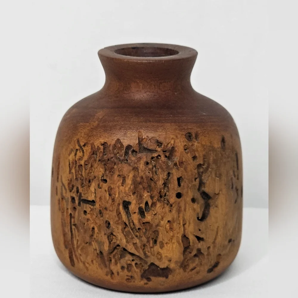 Artisan Carved Burl Wood Bud Vase Vintage Rustic Decor Natural Wood Grain Textur